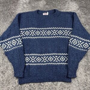 Vintage Knit Sweater Men's Large Tapas Geometric Cotton Boxy Blue Made In USA